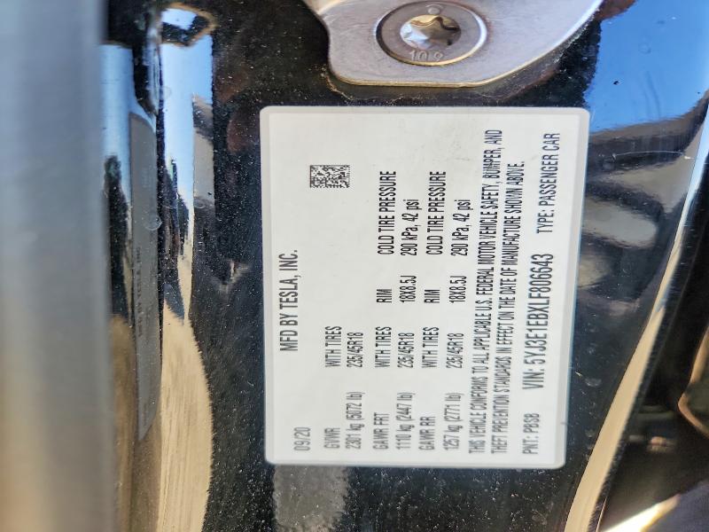 Продаж на аукціоні авто 2020 Tesla Model 3, vin: 5YJ3E1EBXLF806643, номер лоту: 69562556