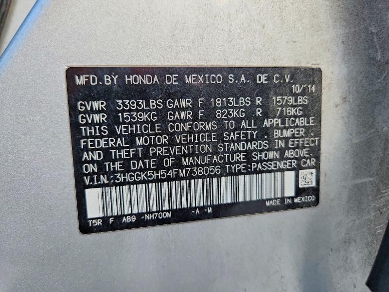 2015 Honda Fit მანქანა იყიდება აუქციონზე, vin: 3HGGK5H54FM738056, აუქციონის ნომერი: 70439026