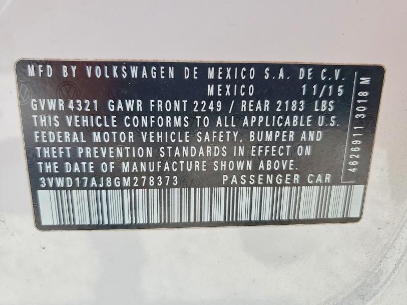 68927126 :رقم المزاد ، 3VWD17AJ8GM278373 vin ، 2016 Volkswagen Jetta مزاد بيع