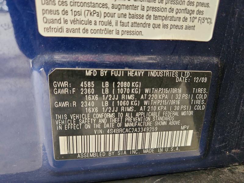 2010 Subaru Outback მანქანა იყიდება აუქციონზე, vin: 4S4BRCAC2A3349259, აუქციონის ნომერი: 66805546