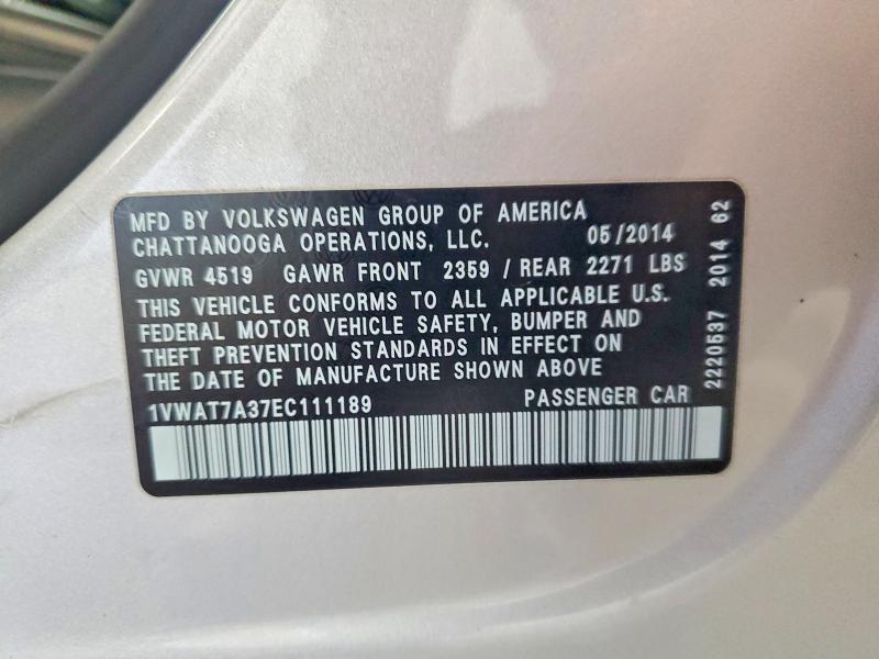 Aukcja sprzedaży 2014 Volkswagen Passat, vin: 1VWAT7A37EC111189, numer aukcji: 70275306