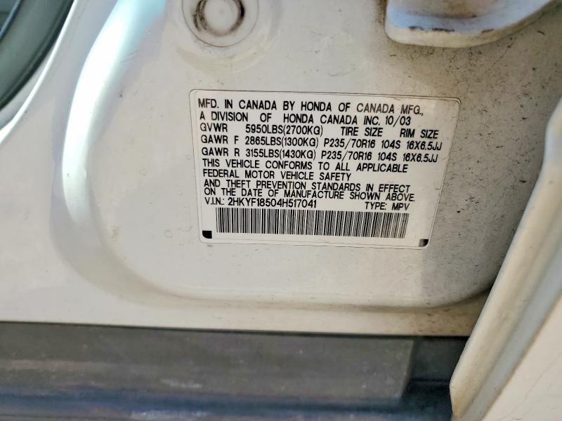 Aukcja sprzedaży 2004 Honda Pilot, vin: 2HKYF18504H517041, numer aukcji: 68323656