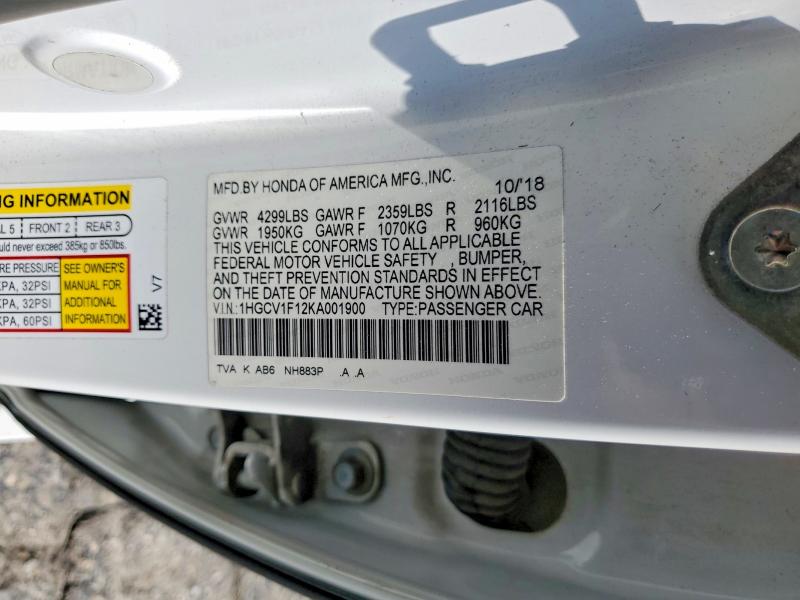 Aukcja sprzedaży 2019 Honda Accord, vin: 1HGCV1F12KA001900, numer aukcji: 69061766