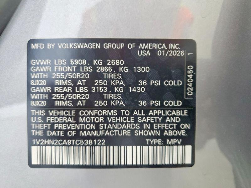 2026 Volkswagen Atlas მანქანა იყიდება აუქციონზე, vin: 1V2HN2CA9TC538122, აუქციონის ნომერი: 69918036