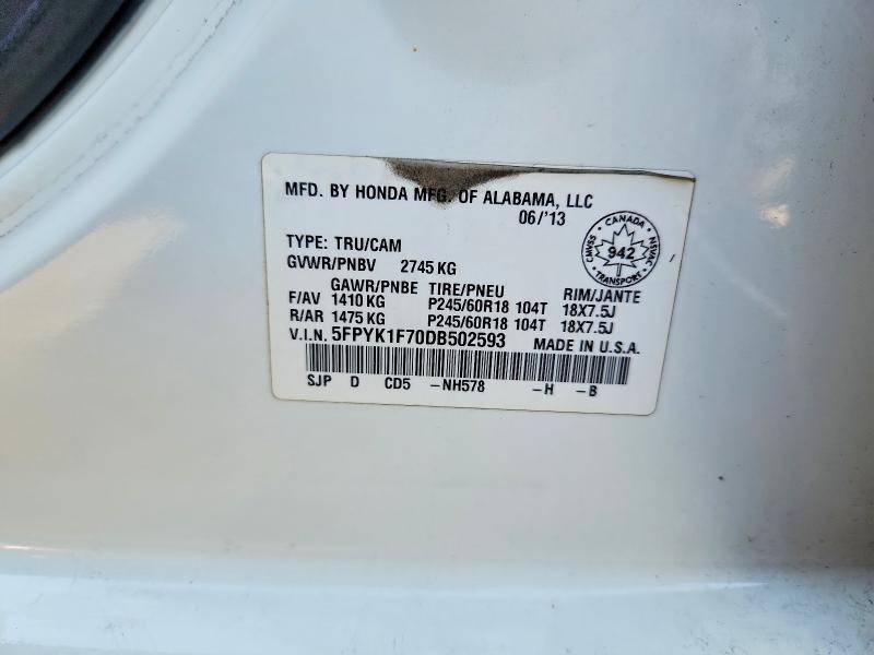 67881766 :رقم المزاد ، 5FPYK1F70DB502593 vin ، 2013 Honda Ridgeline مزاد بيع