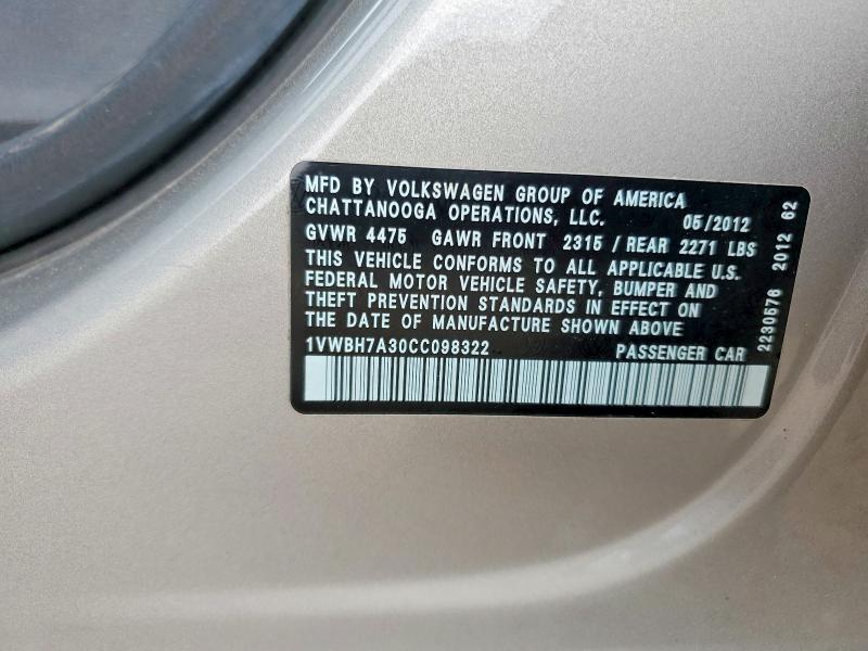 Aukcja sprzedaży 2012 Volkswagen Passat, vin: 1VWBH7A30CC098322, numer aukcji: 68700856