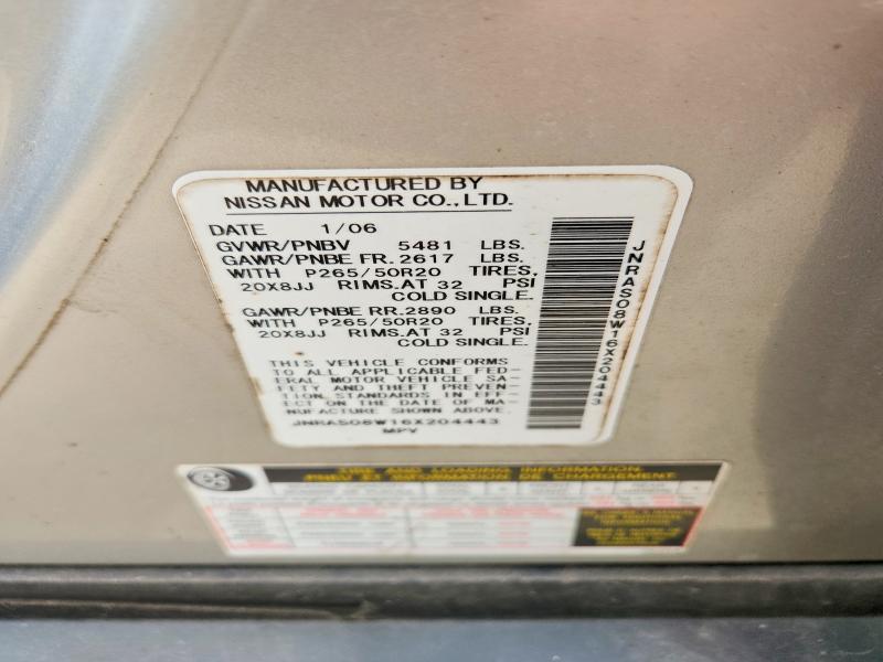 68374576 :رقم المزاد ، JNRAS08W16X204443 vin ، 2006 Infiniti Fx35 مزاد بيع