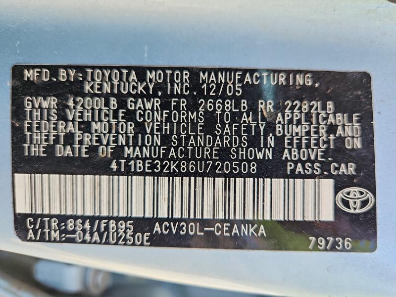 Aukcja sprzedaży 2006 Toyota Camry, vin: 4T1BE32K86U720508, numer aukcji: 68604996