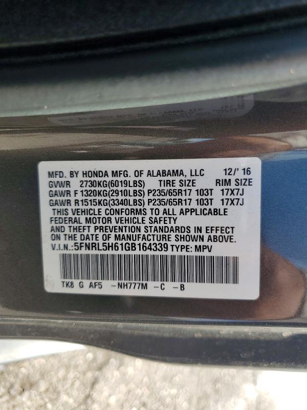 Aukcja sprzedaży 2016 Honda Odyssey, vin: 5FNRL5H61GB164339, numer aukcji: 69366816