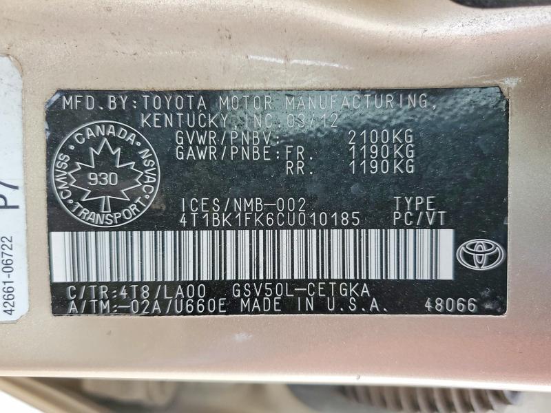 2012 Toyota Camry მანქანა იყიდება აუქციონზე, vin: 4T1BK1FK6CU010185, აუქციონის ნომერი: 69311156