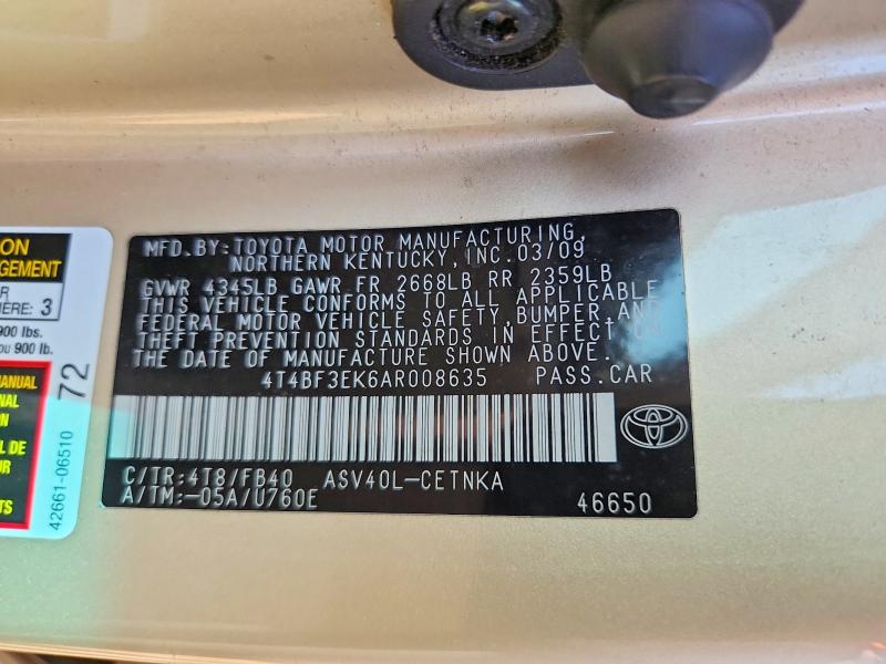 Aukcja sprzedaży 2010 Toyota Camry, vin: 4T4BF3EK6AR008635, numer aukcji: 71095346