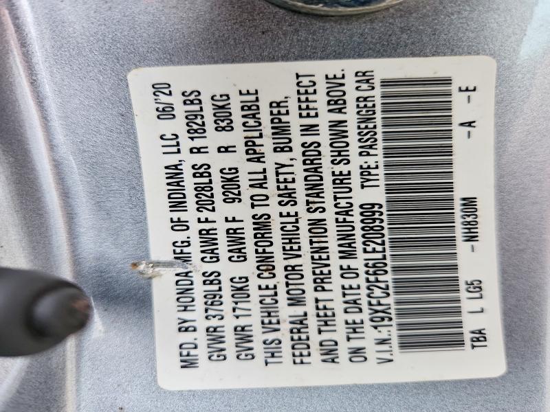 2020 Honda Civic მანქანა იყიდება აუქციონზე, vin: 19XFC2F66LE208999, აუქციონის ნომერი: 69772906