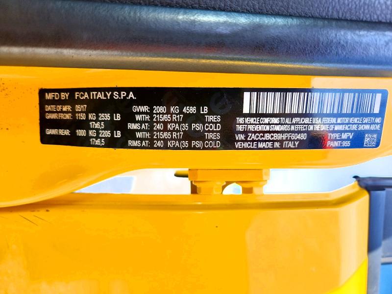 2017 Jeep Renegade მანქანა იყიდება აუქციონზე, vin: ZACCJBCB9HPF60480, აუქციონის ნომერი: 68854056