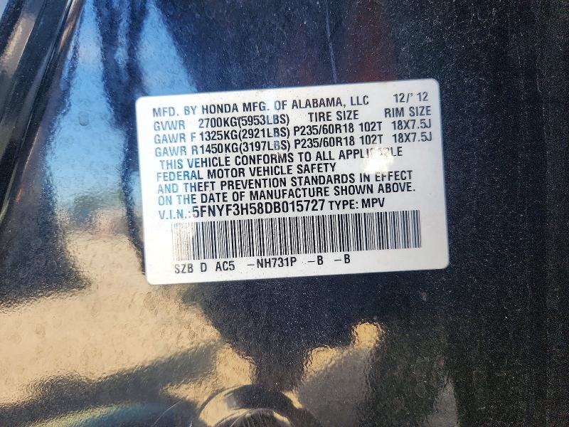 Продажа на аукционе авто 2013 Honda Pilot, vin: 5FNYF3H58DB015727, номер лота: 68955356