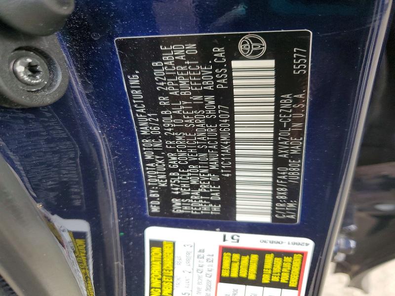 2021 Toyota Camry მანქანა იყიდება აუქციონზე, vin: 4T1C11AK4MU604077, აუქციონის ნომერი: 67506306