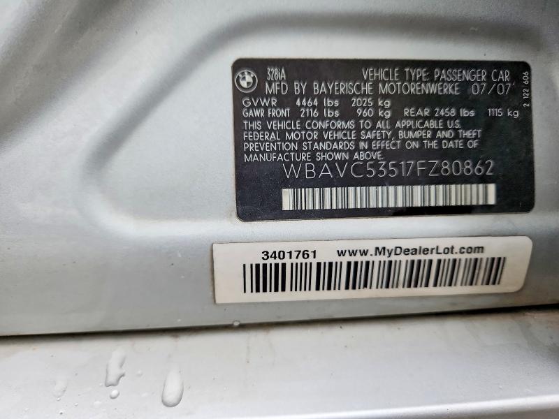 2007 Bmw 328 მანქანა იყიდება აუქციონზე, vin: WBAVC53517FZ80862, აუქციონის ნომერი: 69376886