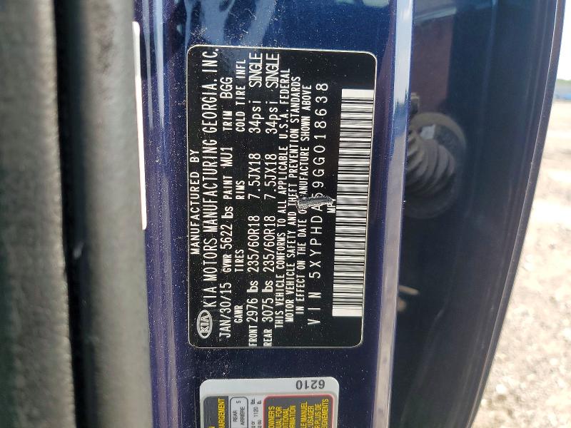 67304176 :رقم المزاد ، 5XYPHDA59GG018638 vin ، 2016 Kia Sorento مزاد بيع
