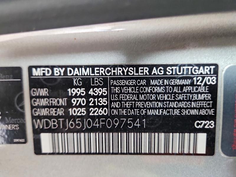 Aukcja sprzedaży 2004 Mercedes-benz Clk, vin: WDBTJ65J04F097541, numer aukcji: 68629256