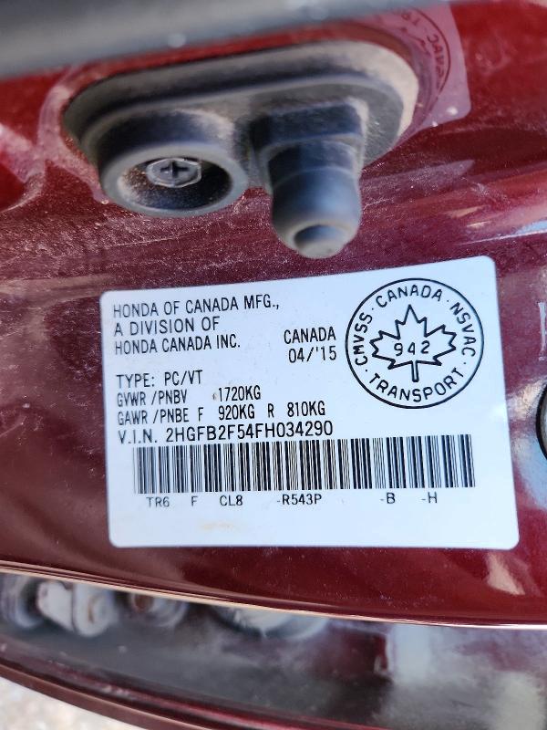 Продажа на аукционе авто 2015 Honda Civic, vin: 2HGFB2F54FH034290, номер лота: 68301776