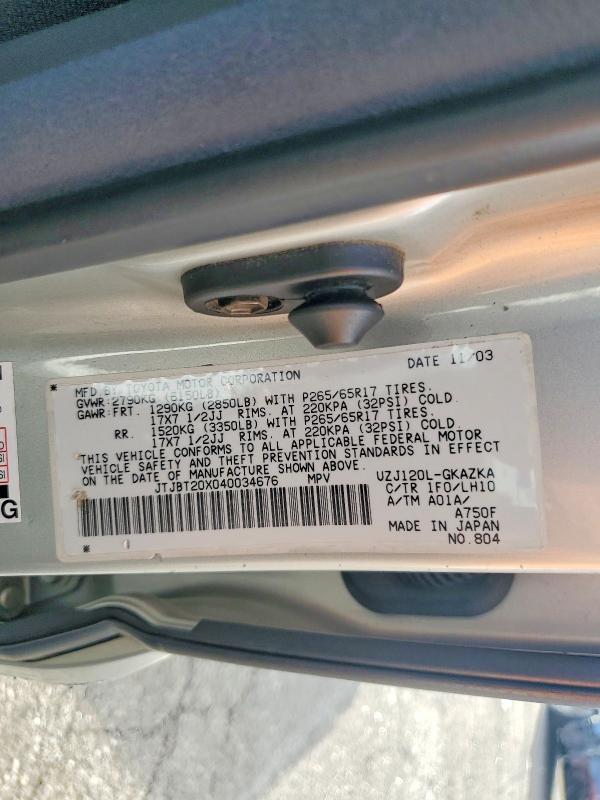Aukcja sprzedaży 2004 Lexus Gx, vin: JTJBT20X040034676, numer aukcji: 67550806