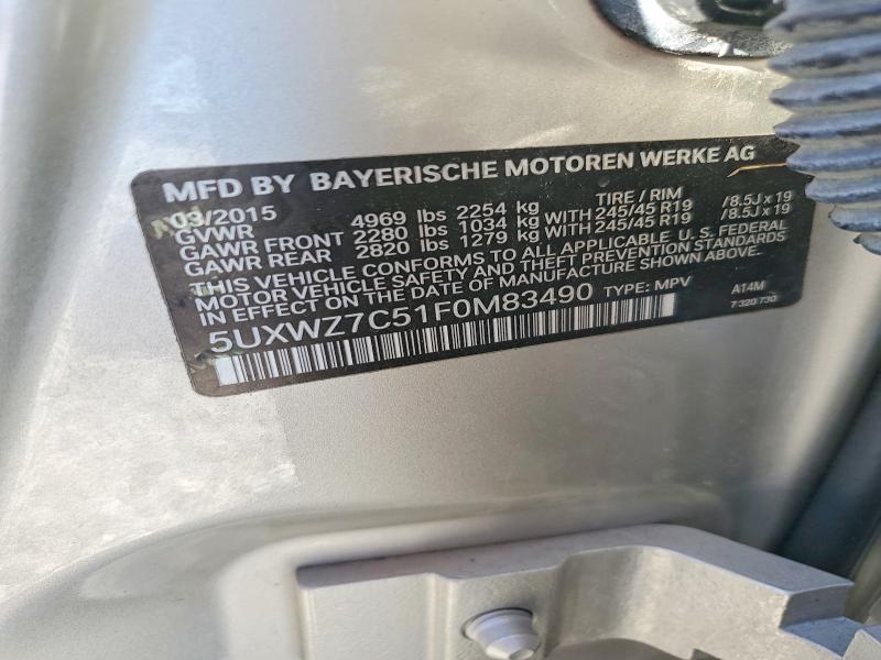 2015 Bmw X3 მანქანა იყიდება აუქციონზე, vin: 5UXWZ7C51F0M83490, აუქციონის ნომერი: 67750096