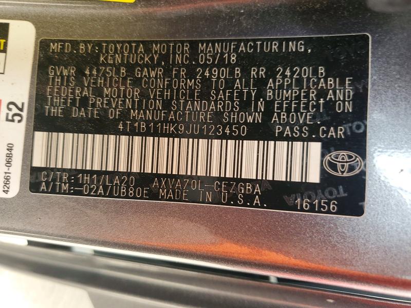 Aukcja sprzedaży 2018 Toyota Camry, vin: 4T1B11HK9JU123450, numer aukcji: 69423186