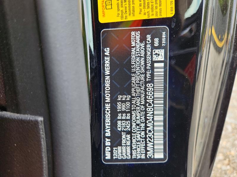2022 Bmw 230i მანქანა იყიდება აუქციონზე, vin: 3MW23CM04N8C46698, აუქციონის ნომერი: 69000886