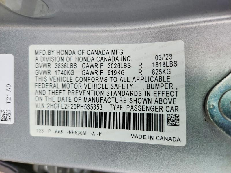 2023 Honda Civic მანქანა იყიდება აუქციონზე, vin: 2HGFE2F20PH535353, აუქციონის ნომერი: 66217066