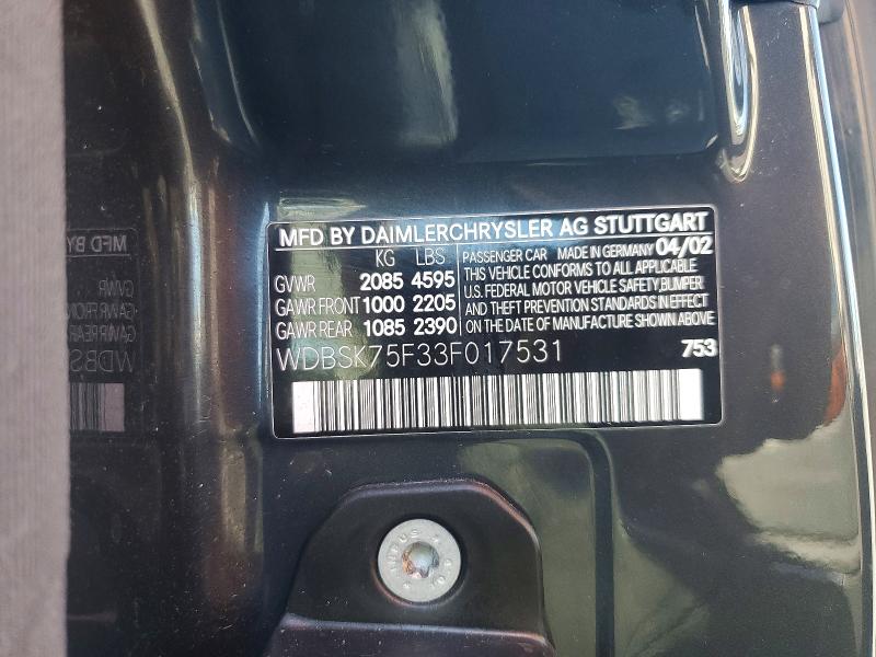 2003 Mercedes-benz Sl მანქანა იყიდება აუქციონზე, vin: WDBSK75F33F017531, აუქციონის ნომერი: 71069906