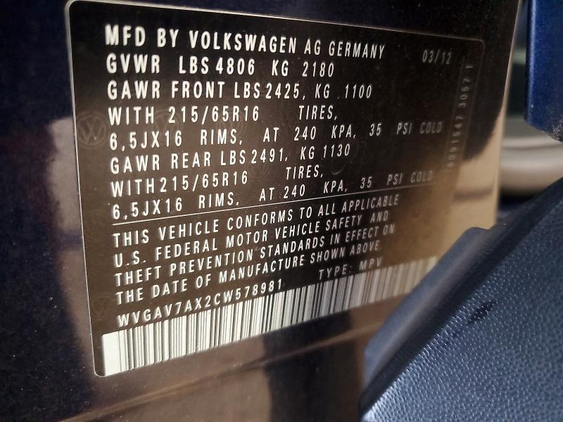 70839236 :رقم المزاد ، WVGAV7AX2CW578981 vin ، 2012 Volkswagen Tiguan مزاد بيع