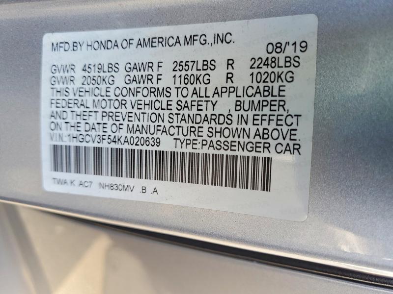 2019 Honda Accord მანქანა იყიდება აუქციონზე, vin: 1HGCV3F54KA020639, აუქციონის ნომერი: 69009356