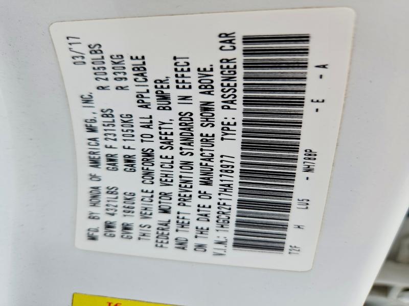 2017 Honda Accord მანქანა იყიდება აუქციონზე, vin: 1HGCR2F17HA178977, აუქციონის ნომერი: 67539776