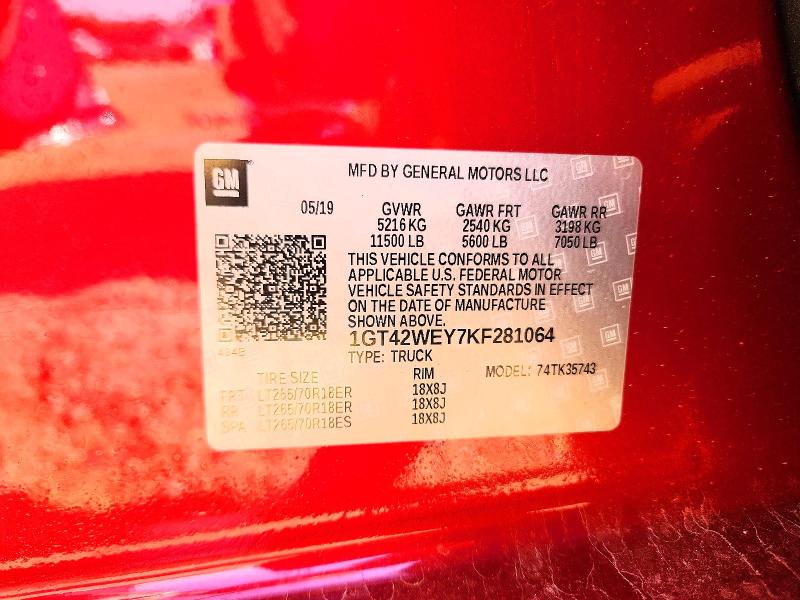 68699536 :رقم المزاد ، 1GT42WEY7KF281064 vin ، 2019 Gmc Sierra مزاد بيع