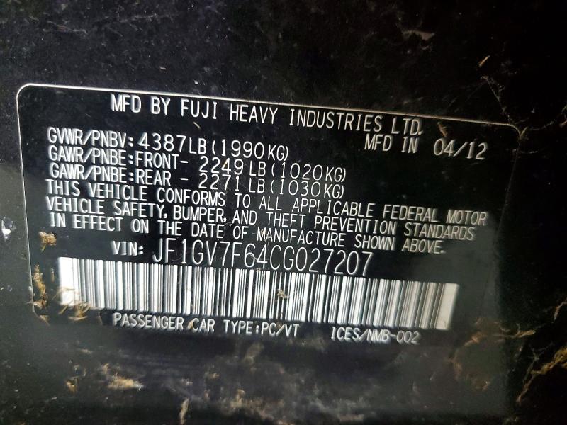 68140286 :رقم المزاد ، JF1GV7F64CG027207 vin ، 2012 Subaru Impreza مزاد بيع