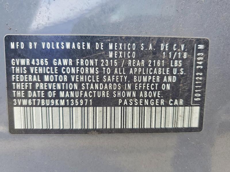 67481666 :رقم المزاد ، 3VW6T7BU9KM135971 vin ، 2019 Volkswagen Jetta مزاد بيع