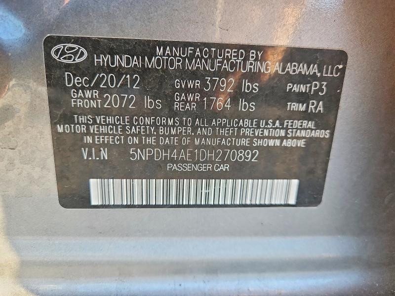 Продаж на аукціоні авто 2013 Hyundai Elantra, vin: 5NPDH4AE1DH270892, номер лоту: 70234086