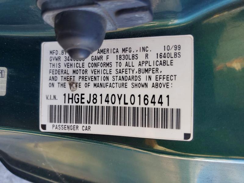 2000 Honda Civic მანქანა იყიდება აუქციონზე, vin: 1HGEJ8140YL016441, აუქციონის ნომერი: 70823606