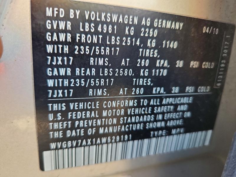 Aukcja sprzedaży 2010 Volkswagen Tiguan, vin: WVGBV7AX1AW529191, numer aukcji: 68672996