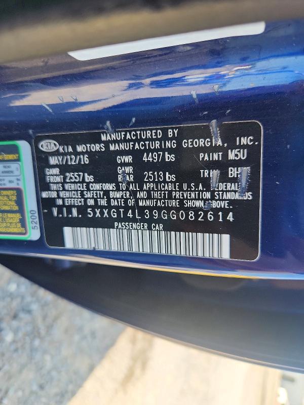 66698146 :رقم المزاد ، 5XXGT4L39GG082614 vin ، 2016 Kia Optima مزاد بيع