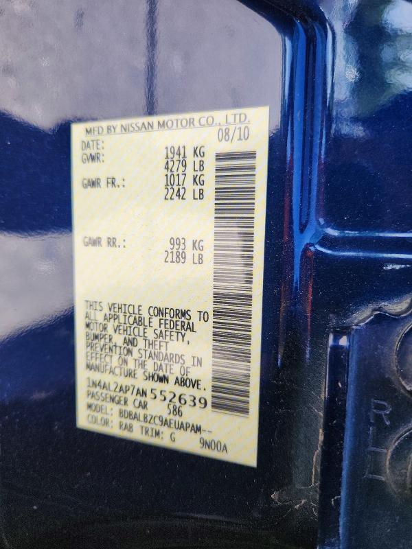 2010 Nissan Altima მანქანა იყიდება აუქციონზე, vin: 1N4AL2AP7AN552639, აუქციონის ნომერი: 68150746