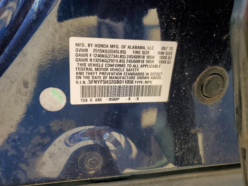 2016 Honda Pilot მანქანა იყიდება აუქციონზე, vin: 5FNYF5H32GB011056, აუქციონის ნომერი: 68321056