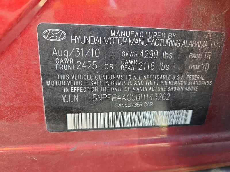 2011 Hyundai Sonata მანქანა იყიდება აუქციონზე, vin: 5NPEB4AC0BH143262, აუქციონის ნომერი: 69393876
