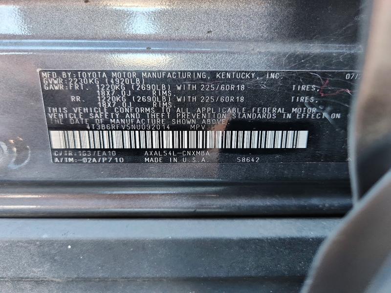 67999166 :رقم المزاد ، 4T3B6RFV5NU092014 vin ، 2022 Toyota Rav4 مزاد بيع