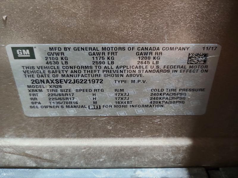 2018 Chevrolet Equinox მანქანა იყიდება აუქციონზე, vin: 2GNAXSEV2J6221972, აუქციონის ნომერი: 69797896
