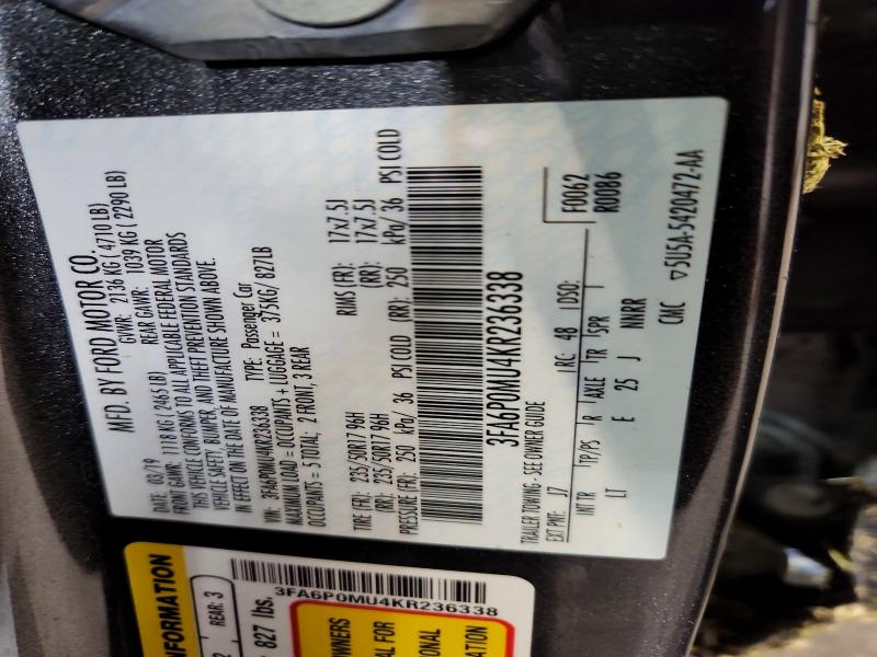2019 Ford Fusion მანქანა იყიდება აუქციონზე, vin: 3FA6P0MU4KR236338, აუქციონის ნომერი: 69587056