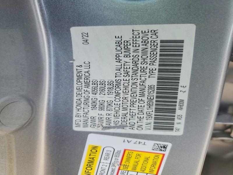 2022 Honda Civic მანქანა იყიდება აუქციონზე, vin: 19XFL1H85NE015285, აუქციონის ნომერი: 68327206