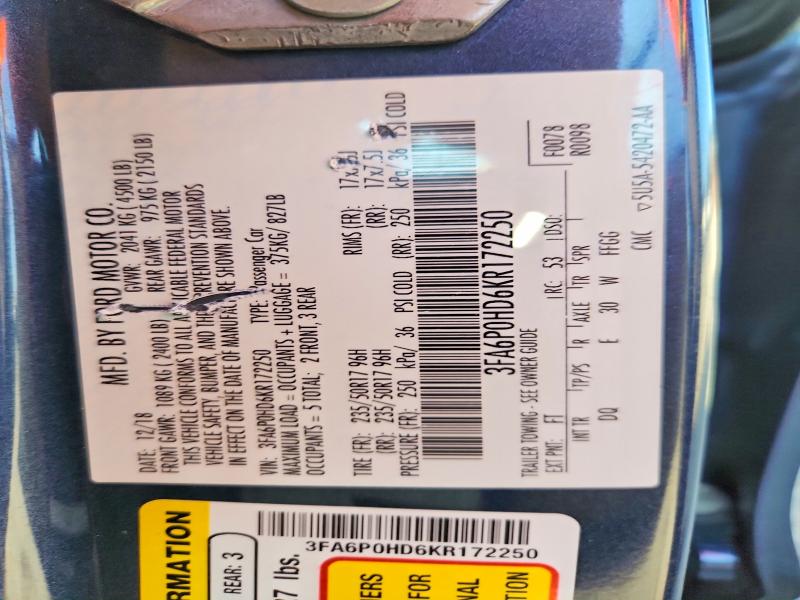 Продаж на аукціоні авто 2019 Ford Fusion, vin: 3FA6P0HD6KR172250, номер лоту: 67681666