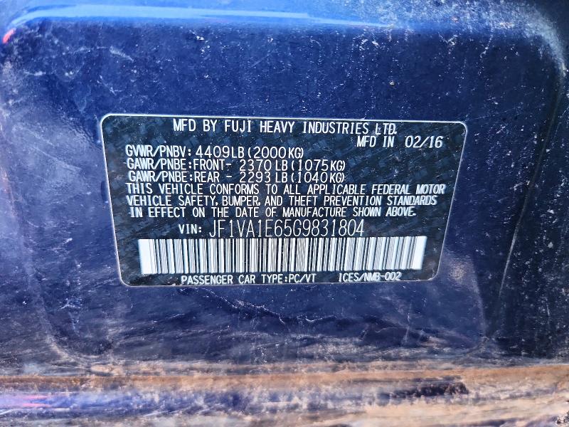 Продажа на аукционе авто 2016 Subaru Wrx, vin: JF1VA1E65G9831804, номер лота: 66481606