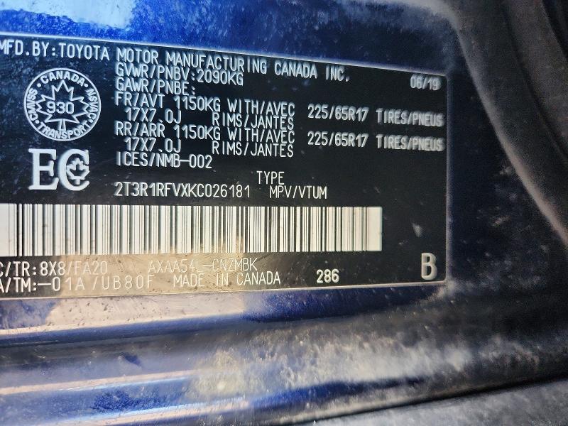 67525526 :رقم المزاد ، 2T3R1RFVXKC026181 vin ، 2019 Toyota Rav4 مزاد بيع