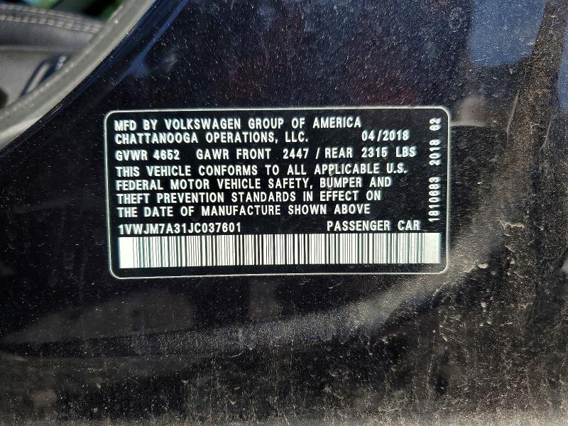 2018 Volkswagen Passat მანქანა იყიდება აუქციონზე, vin: 1VWJM7A31JC037601, აუქციონის ნომერი: 68156466